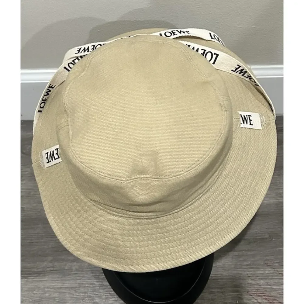 LOEWE Paula’s Ibiza Canvas Bucket Hat Beige Leather Logo Patch Made Italy
